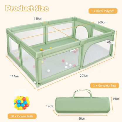 Large Baby Playpen with 50 Balls and Zipper Door-Green