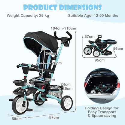 Folding Baby Tricycle with 360° Swivel Seat and Adjustable Canopy-Blue