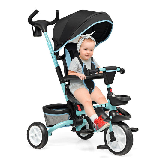 Folding Baby Tricycle with 360° Swivel Seat and Adjustable Canopy-Blue