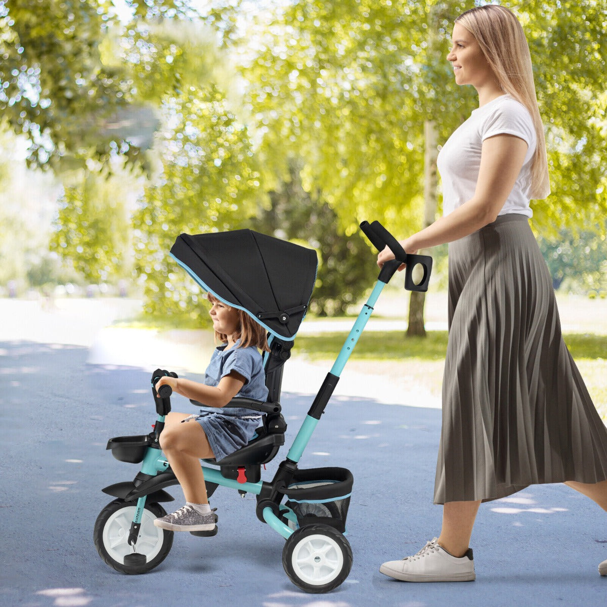 Folding Baby Tricycle with 360° Swivel Seat and Adjustable Canopy-Blue