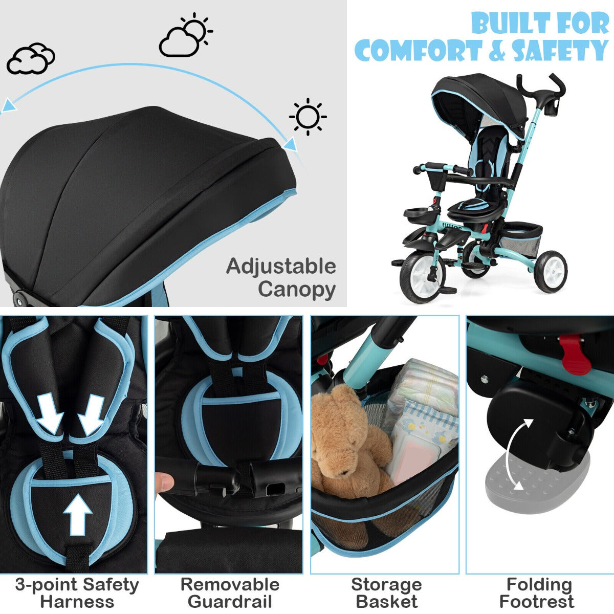 Folding Baby Tricycle with 360° Swivel Seat and Adjustable Canopy-Blue