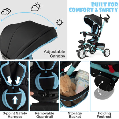 Folding Baby Tricycle with 360° Swivel Seat and Adjustable Canopy-Blue