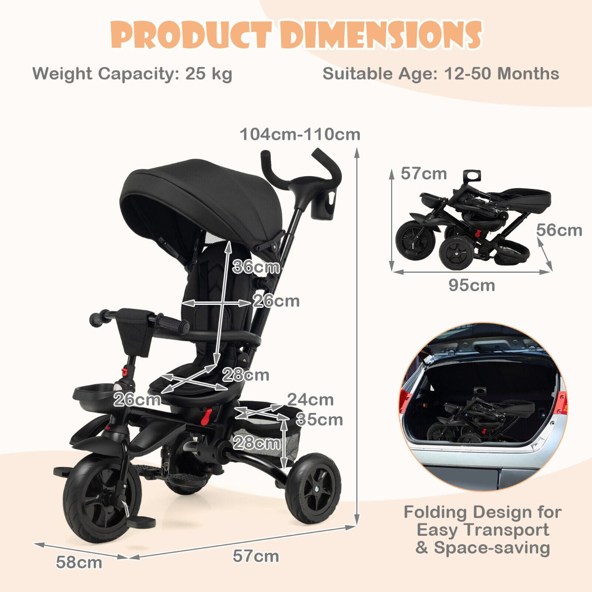 Folding Baby Tricycle with 360° Swivel Seat and Adjustable Canopy-Black