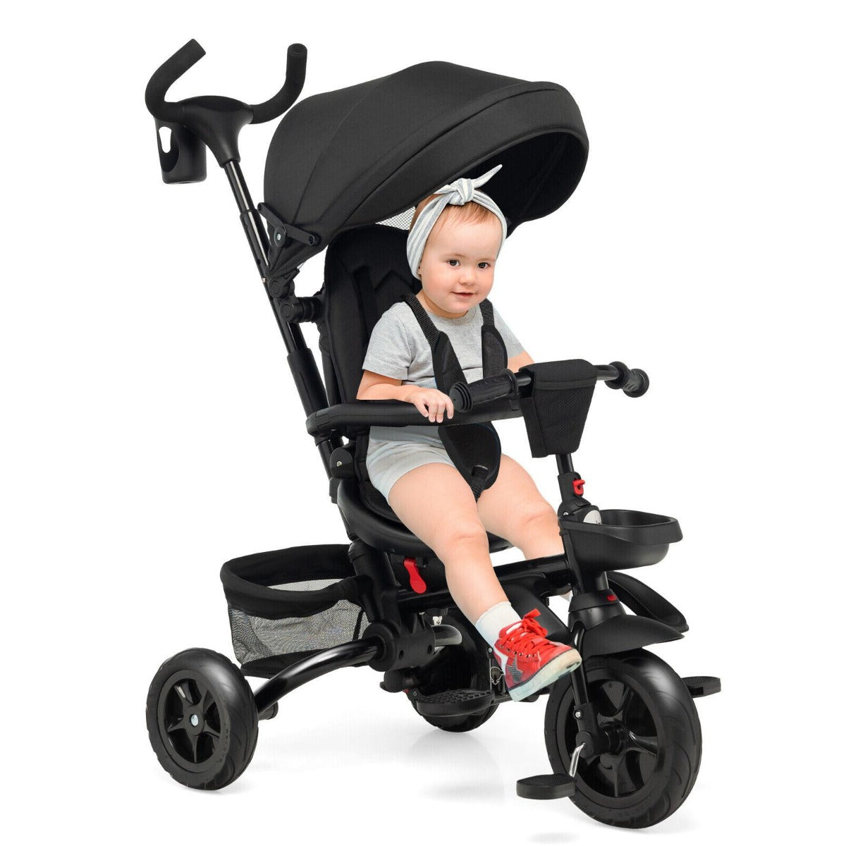 Folding Baby Tricycle with 360° Swivel Seat and Adjustable Canopy-Black