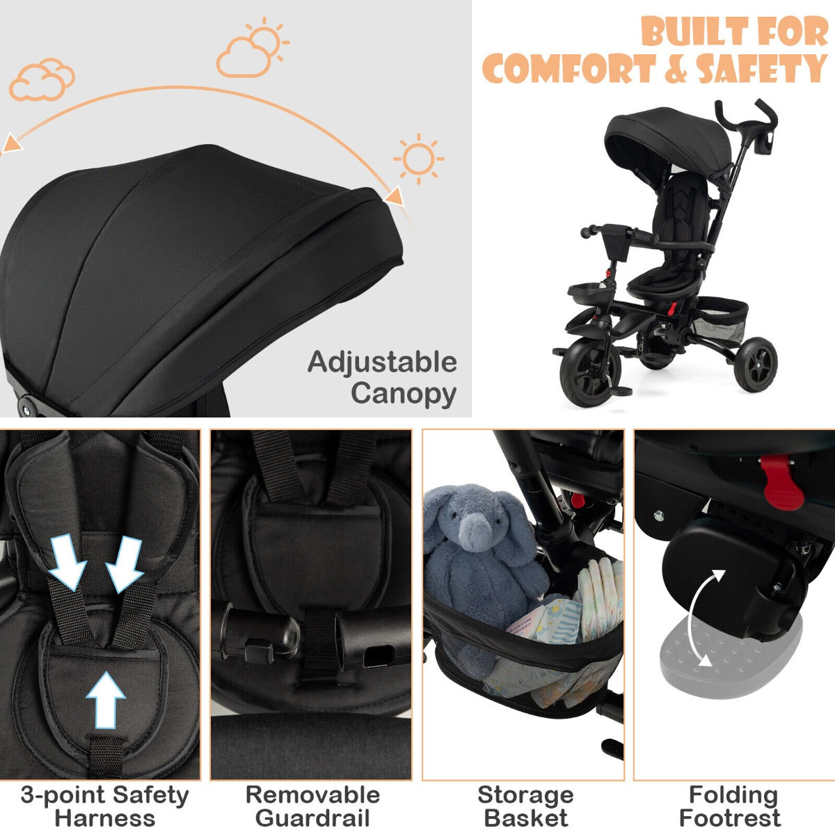 Folding Baby Tricycle with 360° Swivel Seat and Adjustable Canopy-Black