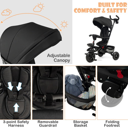 Folding Baby Tricycle with 360° Swivel Seat and Adjustable Canopy-Black