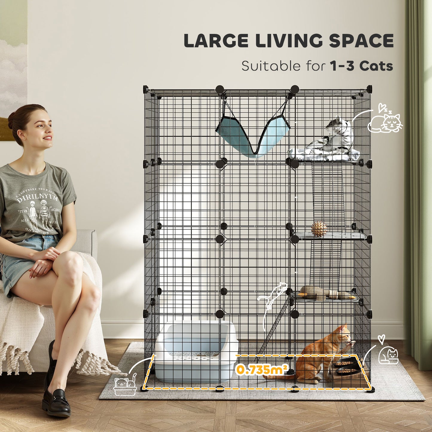 PawHut Four-Tier DIY Large Cat Cage with Hammock, Ramps, Five Doors, Indoor Use for 1-3 Cats, Black