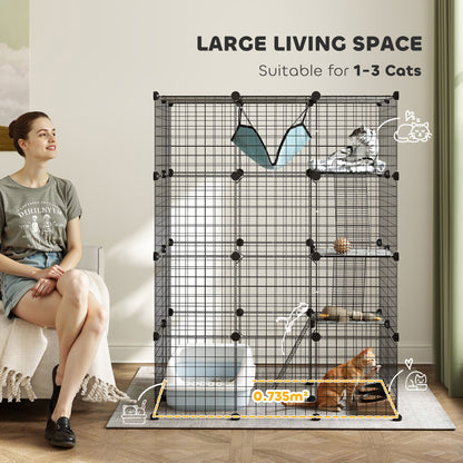 PawHut Four-Tier DIY Large Cat Cage with Hammock, Ramps, Five Doors, Indoor Use for 1-3 Cats, Black