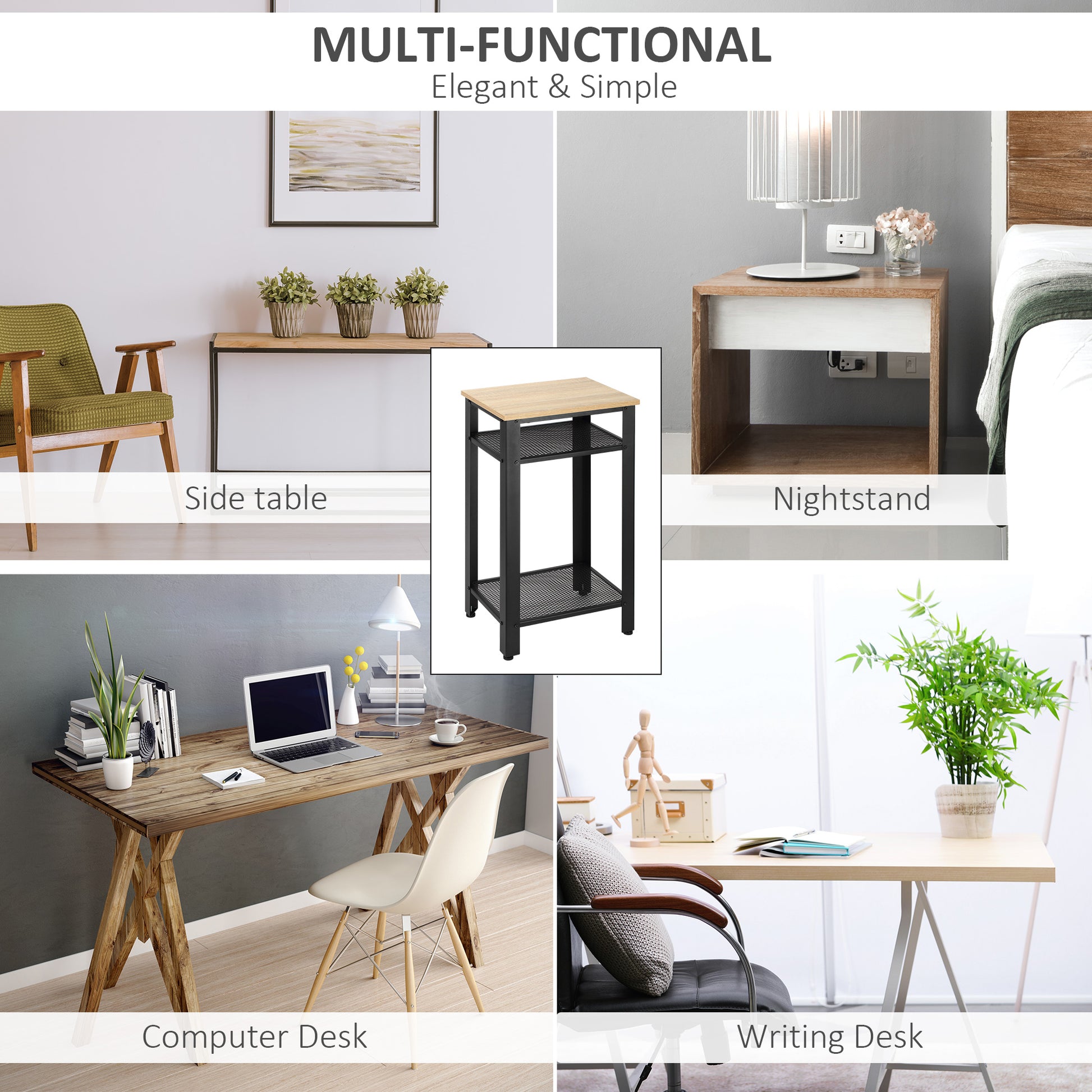 HOMCOM Industrial-Style Boxy Side Table 3 Layer 2 Shelves Storage Display w/ Metal Frame Stylish On-Trend Bedside End Table Nightstand