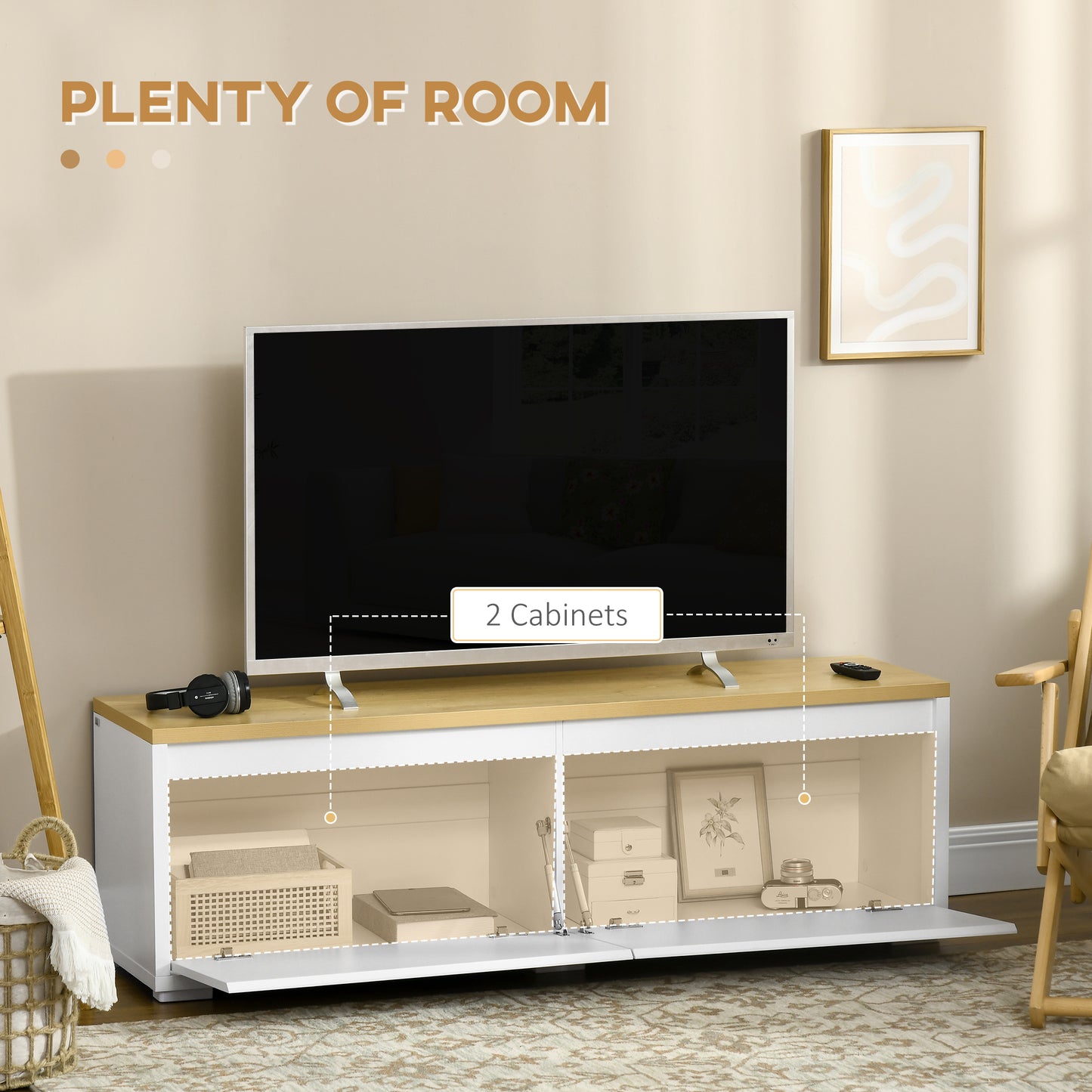 HOMCOM Modern TV Stand, 140cm Modern TV Unit with 2 Cupboards for TVs up to 65 Inches, Wood Entertainment Unit for Living Room, White