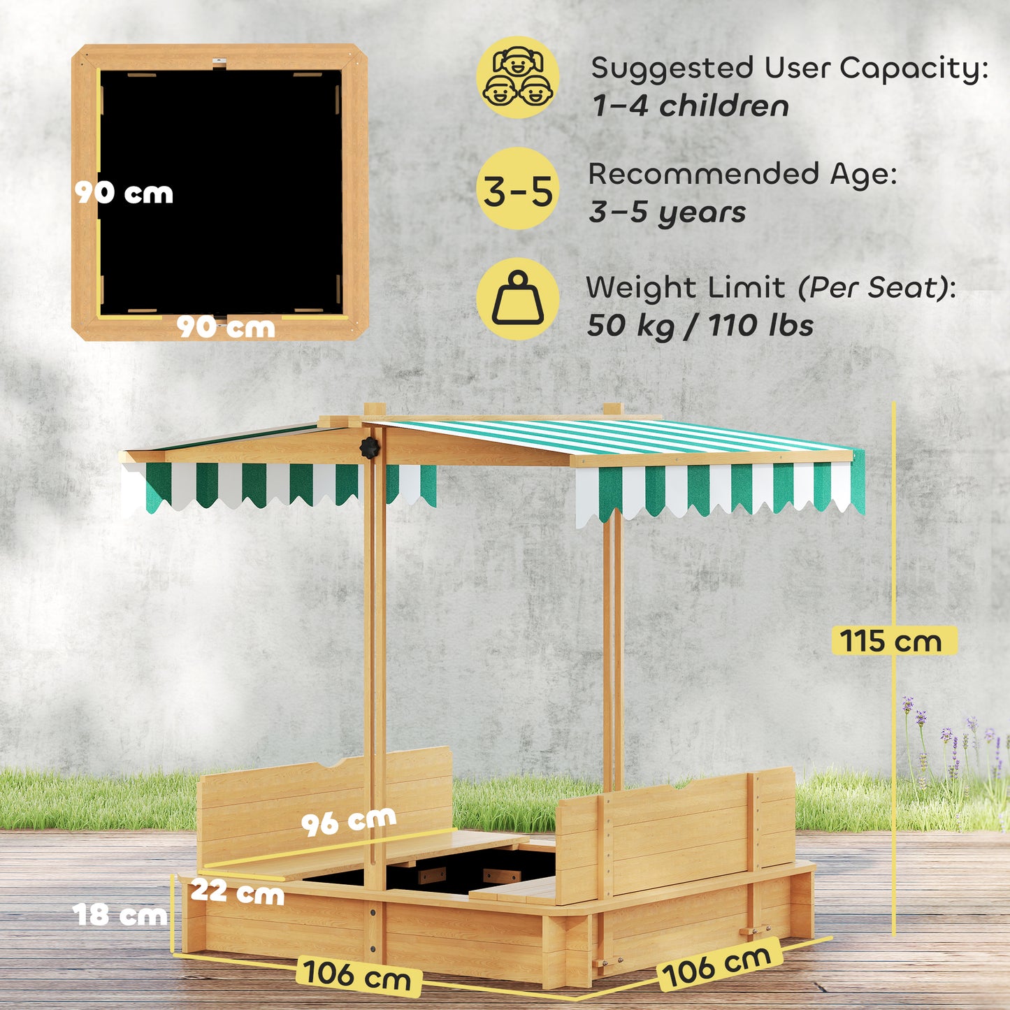 Outsunny Wooden Sandpit with Adjustable Canopy Light Brown