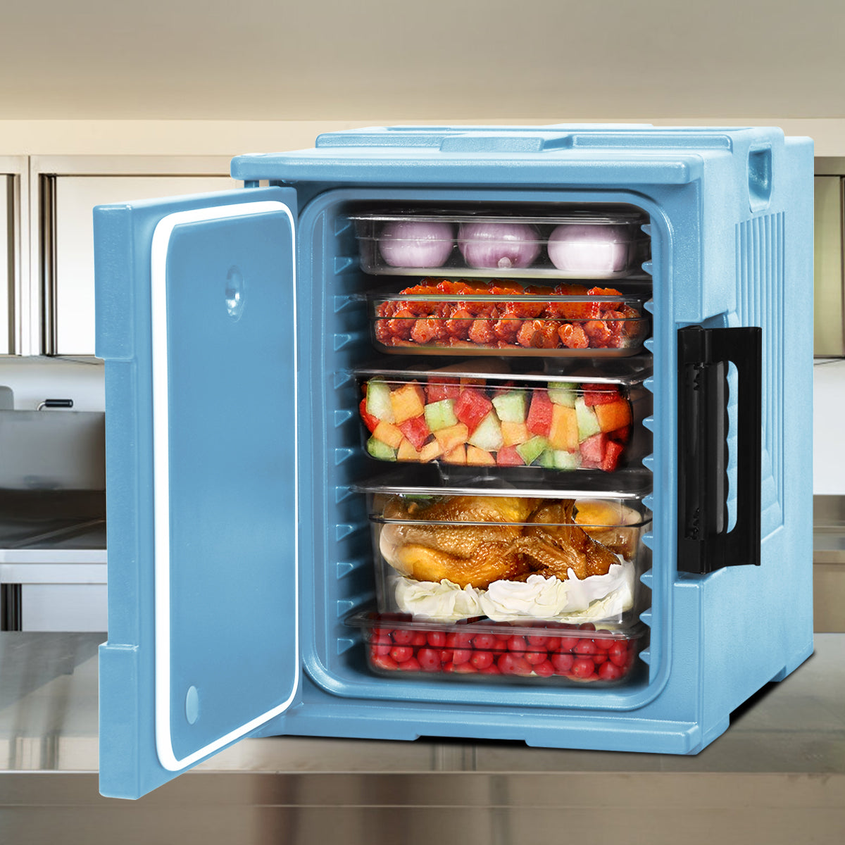 Front-Loading Insulated Food Pan Carrier for 6 Full-Size Pans-Blue