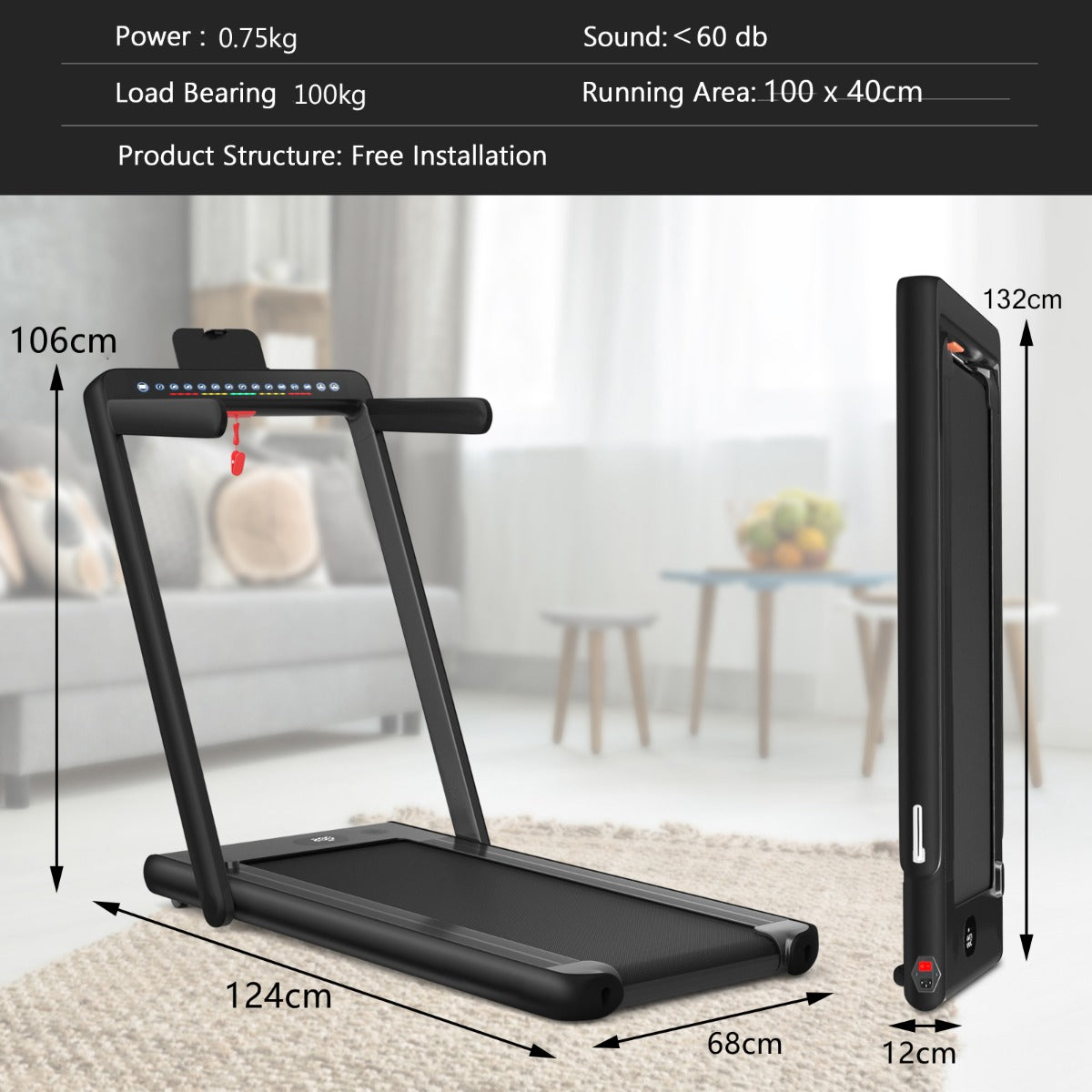 Folding Treadmill Electric 1-12KM/H with Bluetooth-Black