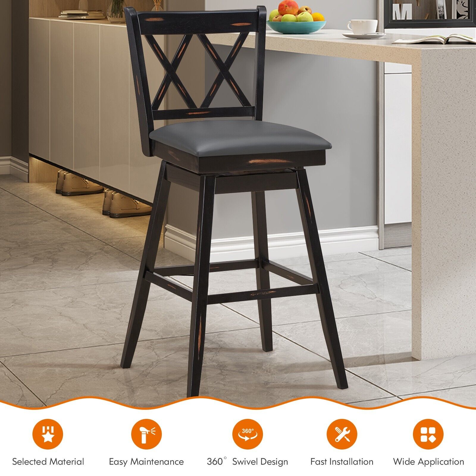 Set of 2 Counter Height Bar Stool with Foot Rest Upholstered Cushion-Black