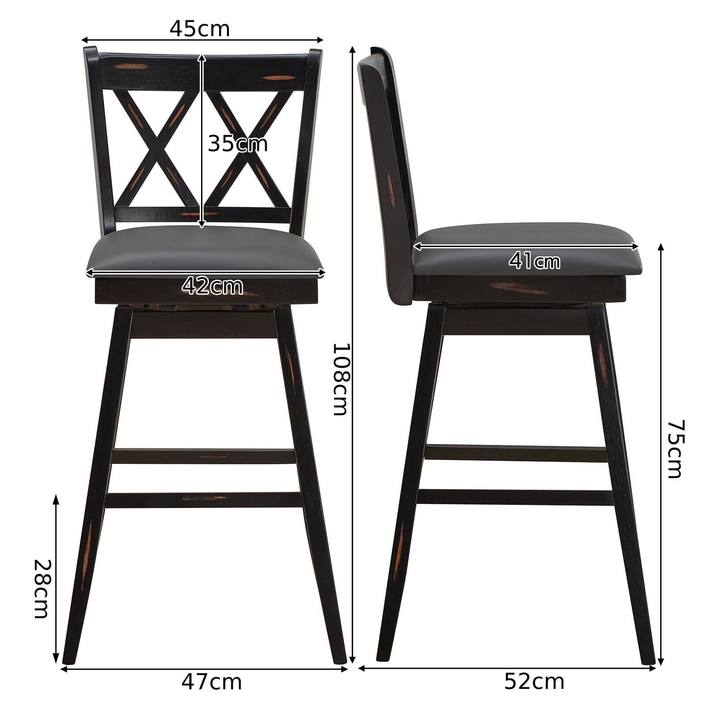 Set of 2 Counter Height Bar Stool with Foot Rest Upholstered Cushion-Black