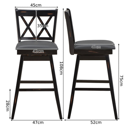 Set of 2 Counter Height Bar Stool with Foot Rest Upholstered Cushion-Black