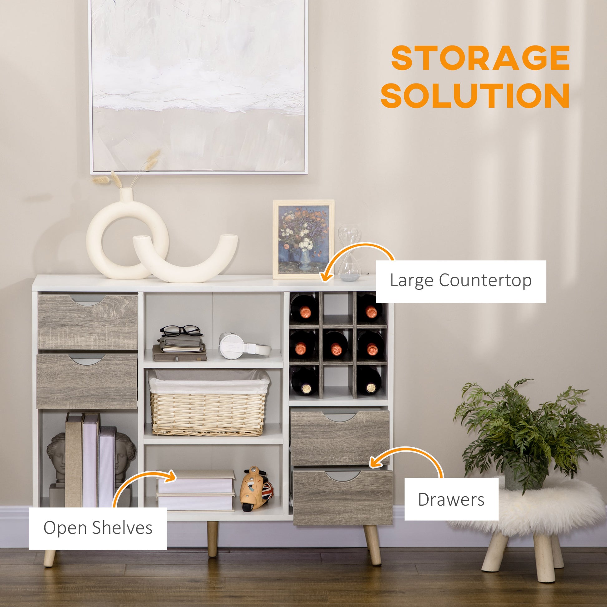 HOMCOM Modern Kitchen Sideboard, Buffet Table with Removable Wine Rack, Drawers and Open Compartments for Living Room, Dining Room, Grey