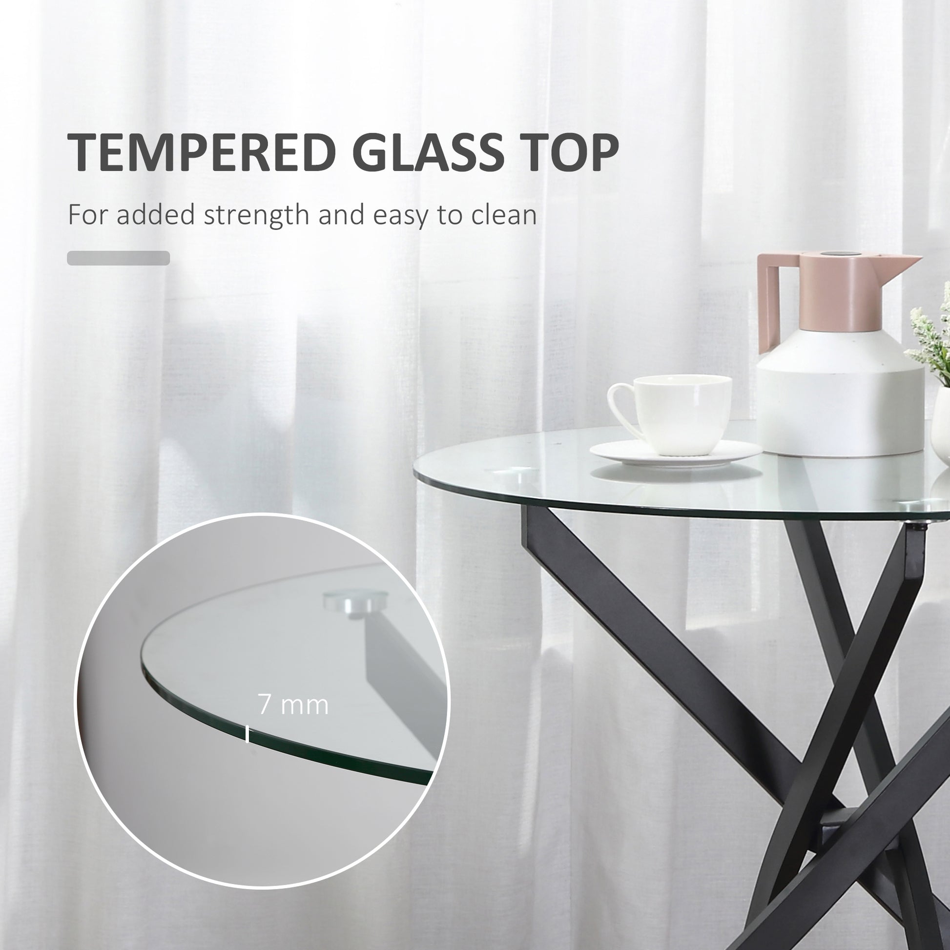 HOMCOM Side Table with Clear Tempered Glass Top, Round Table with Metal Legs, Modern Dining Table Furniture for Dining Room Living Room, Black