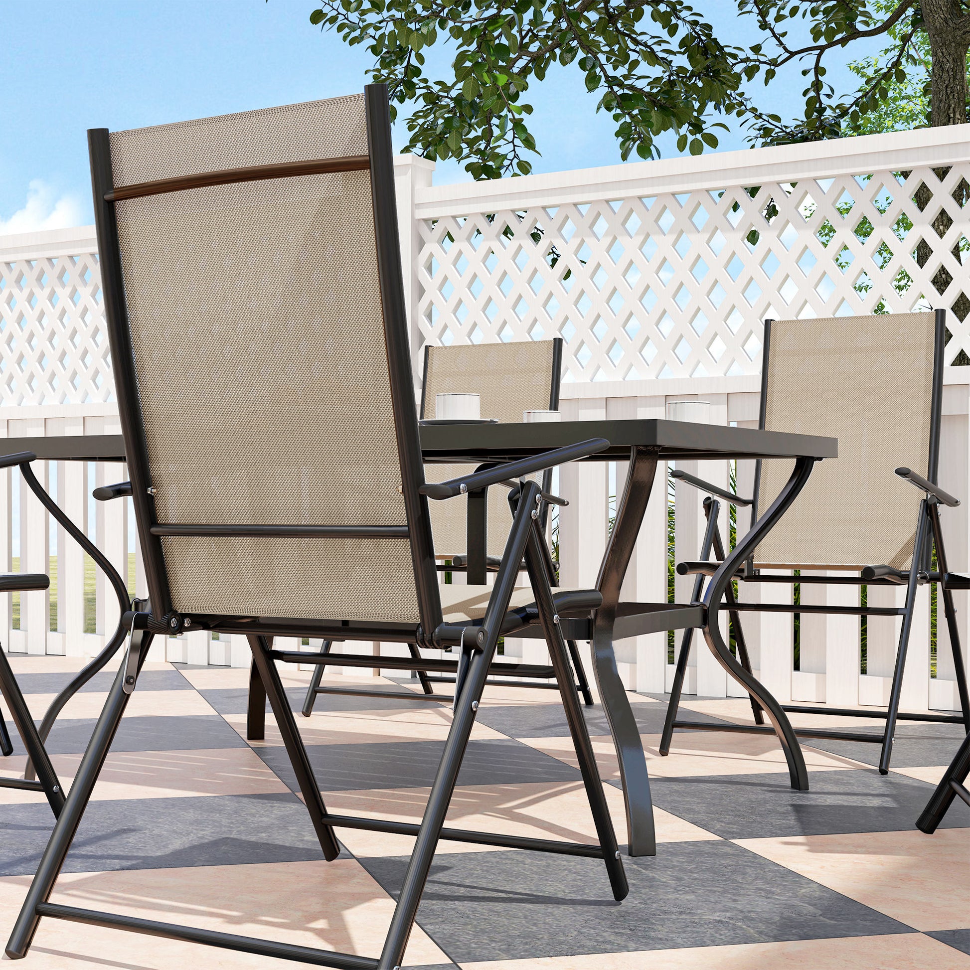 Outsunny Seven-Piece Steel Outdoor Dining Set, with Parasol Hole - Khaki