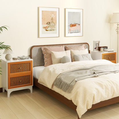 Boho Accent Table with 2 Handwoven Rattan Decorated Drawers-White