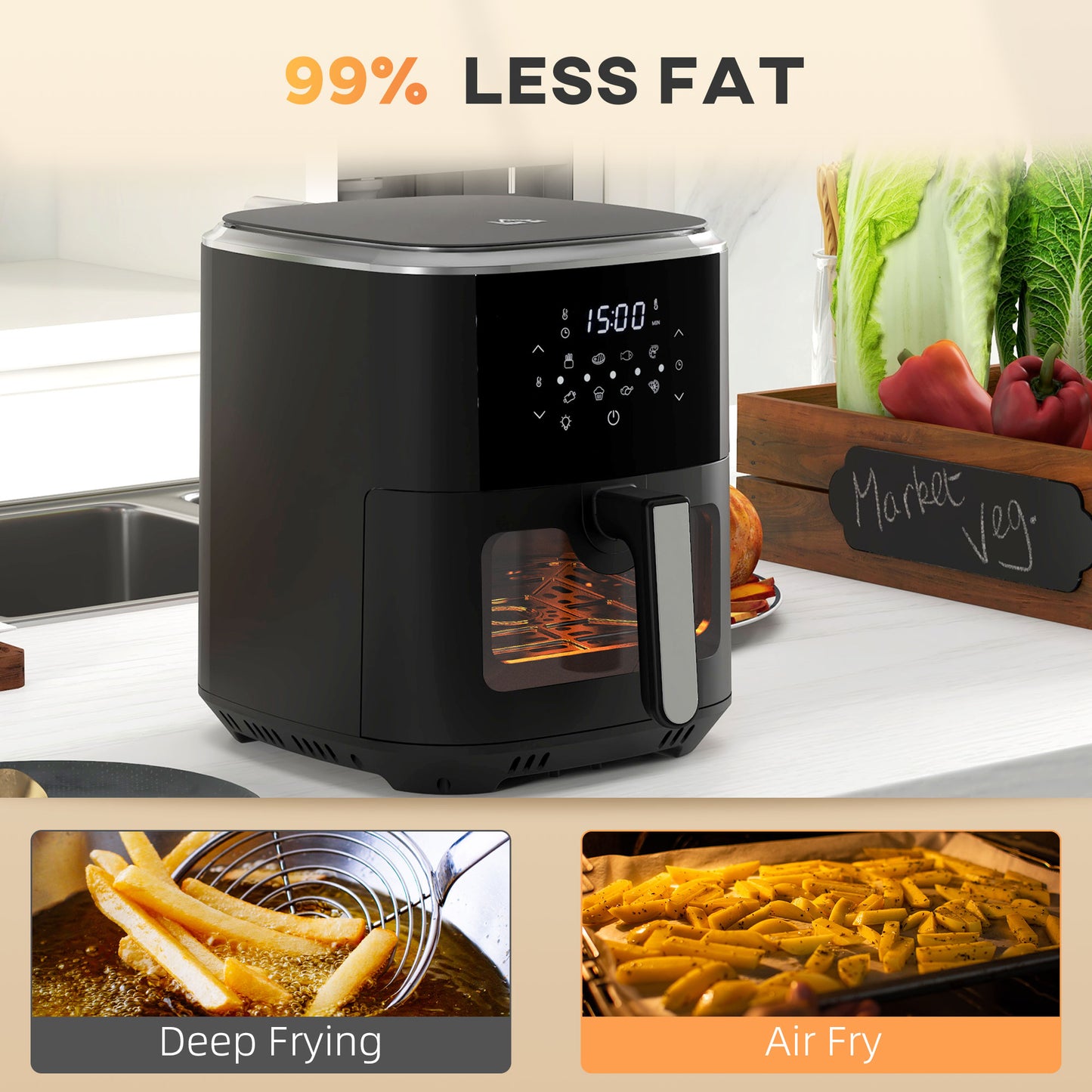 HOMCOM 6.7L 4 in 1 Air Fryer, Bake, Roast and Dehydrator with Digital Display, Rapid Air Circulation, Adjustable Temperature, Timer