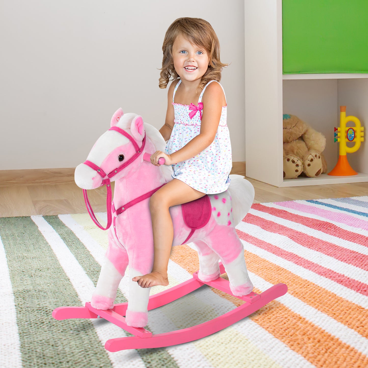 HOMCOM Childrens Plush Rocking Horse with Sound-Pink