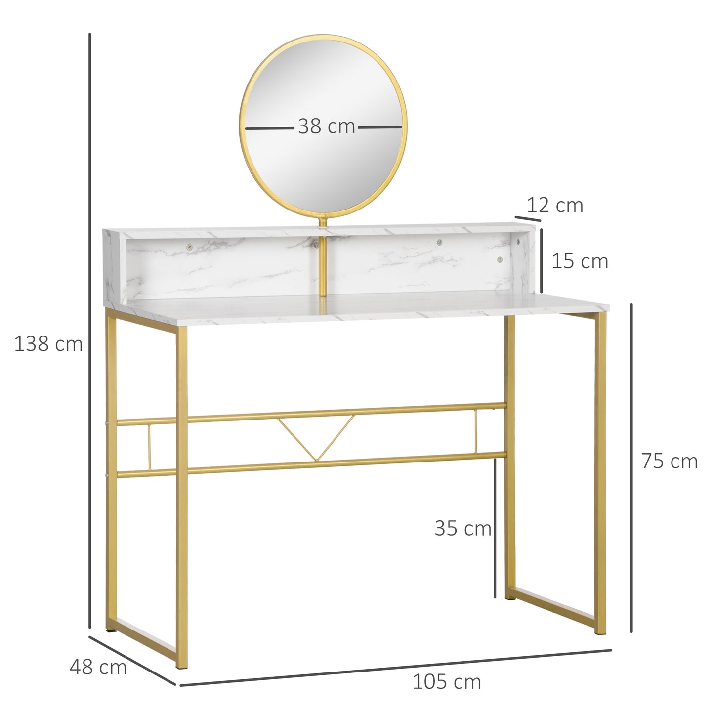 HOMCOM Modern Dressing Table with Round Mirror, Vanity Makeup Desk with Open Storage, Faux Marble Texture and Steel Frame for Bedroom, White
