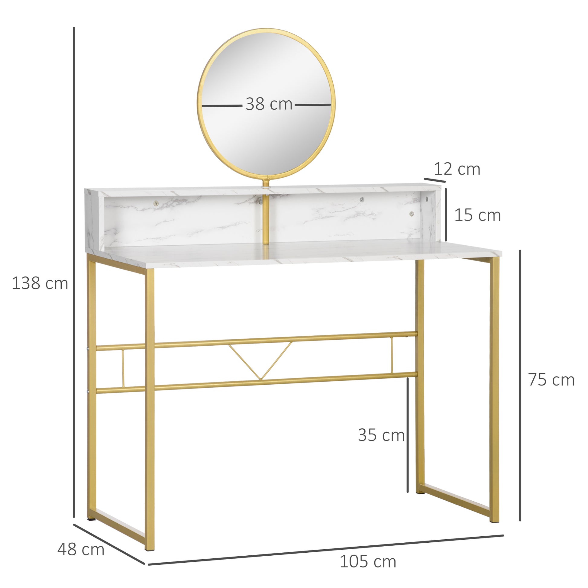 HOMCOM Modern Dressing Table with Round Mirror, Vanity Makeup Desk with Open Storage, Faux Marble Texture and Steel Frame for Bedroom, White