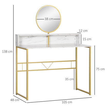 HOMCOM Modern Dressing Table with Round Mirror, Vanity Makeup Desk with Open Storage, Faux Marble Texture and Steel Frame for Bedroom, White