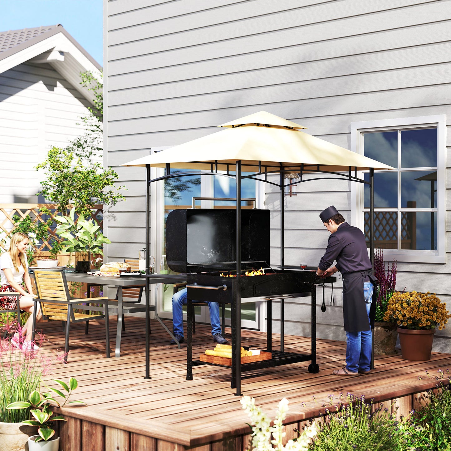 Outsunny 8' x 5' Grill Gazebo, Double Tiered BBQ Gazebo Shelter Canopy with LED Lights, 2 Side Shelves, Hooks, Beige