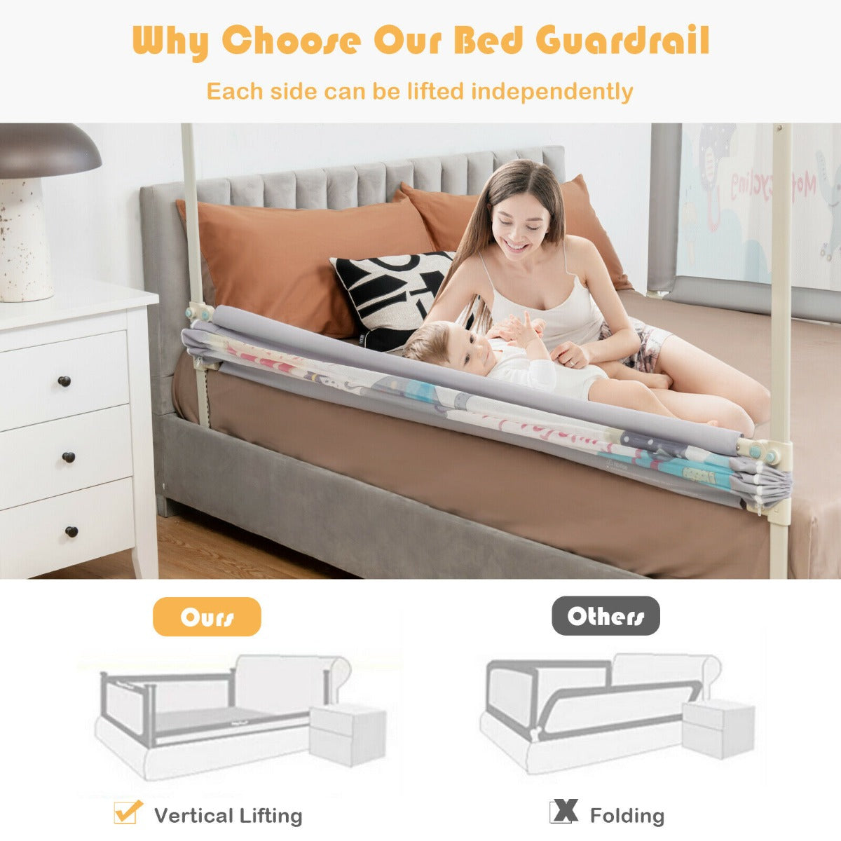 175CM Baby Bed Rail Guard with Double Safety Lock and Adjustable Height-Grey