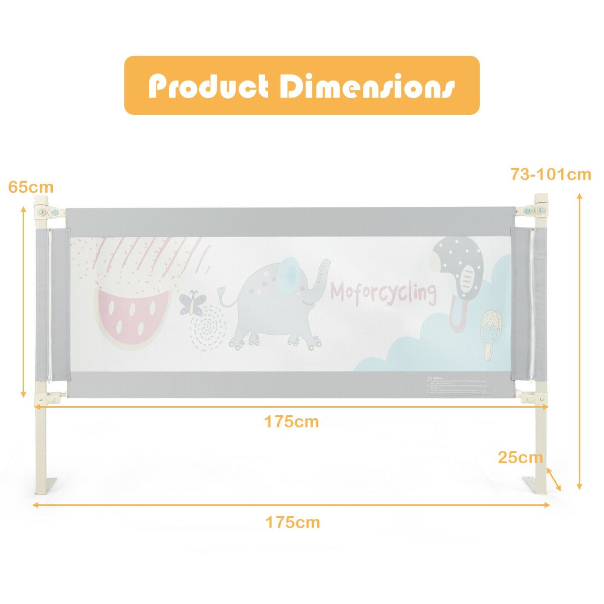 175CM Baby Bed Rail Guard with Double Safety Lock and Adjustable Height-Grey