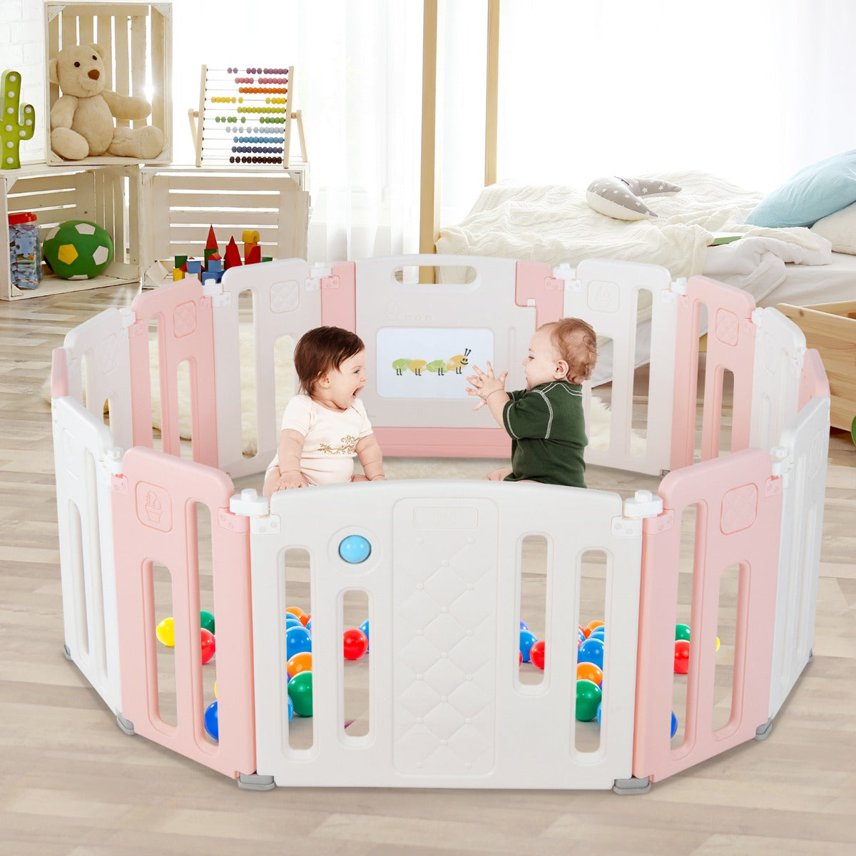 Foldable Baby Playpen with Whiteboard and Rotatable Ball-Pink