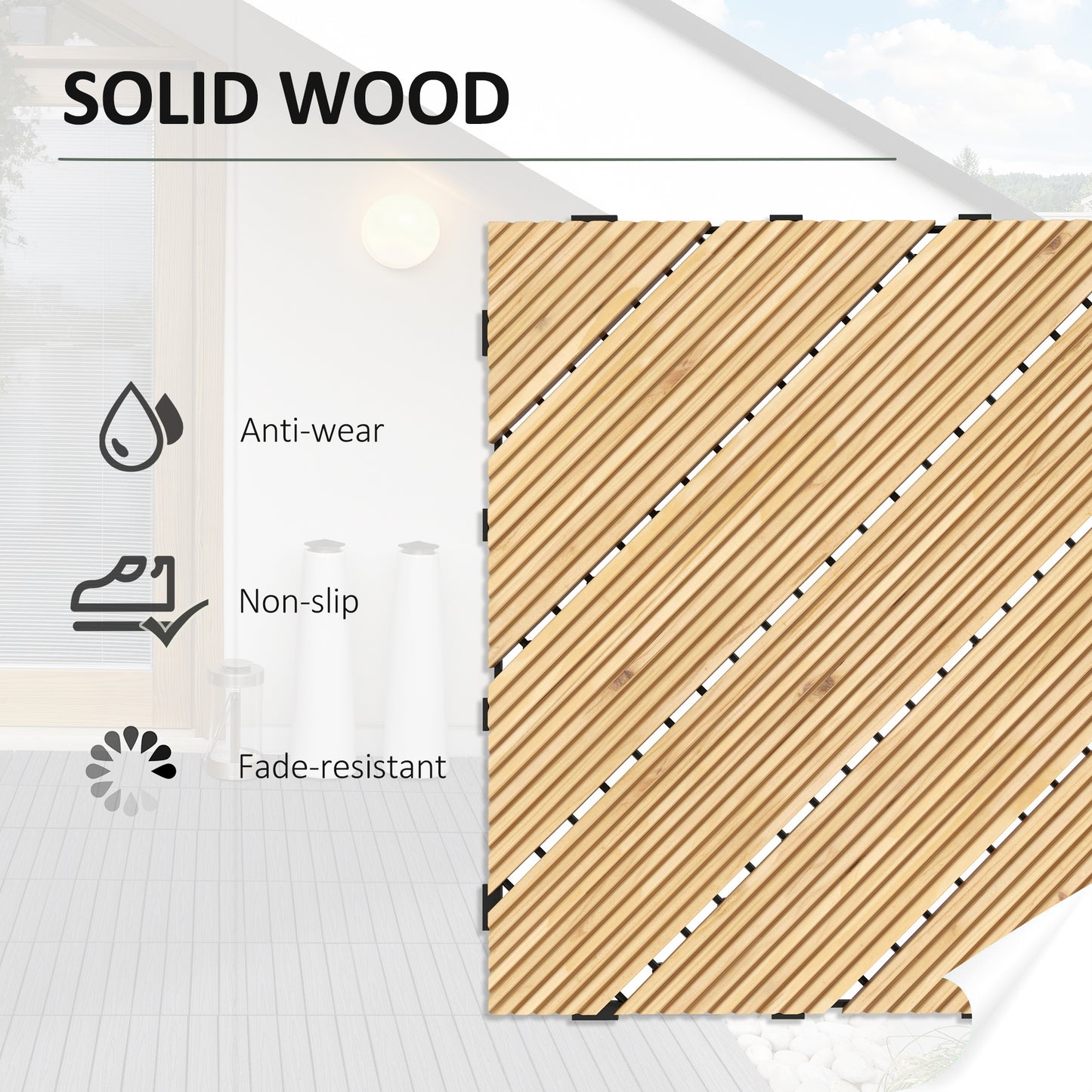 Outsunny 27 Pcs Wooden Interlocking Decking Tiles, 30 x 30 cm Anti-slip Outdoor Flooring Tiles, 0.81? per Pack, All Weather Use for Patio, Balcony, Terrace, Hot Tub, Yellow