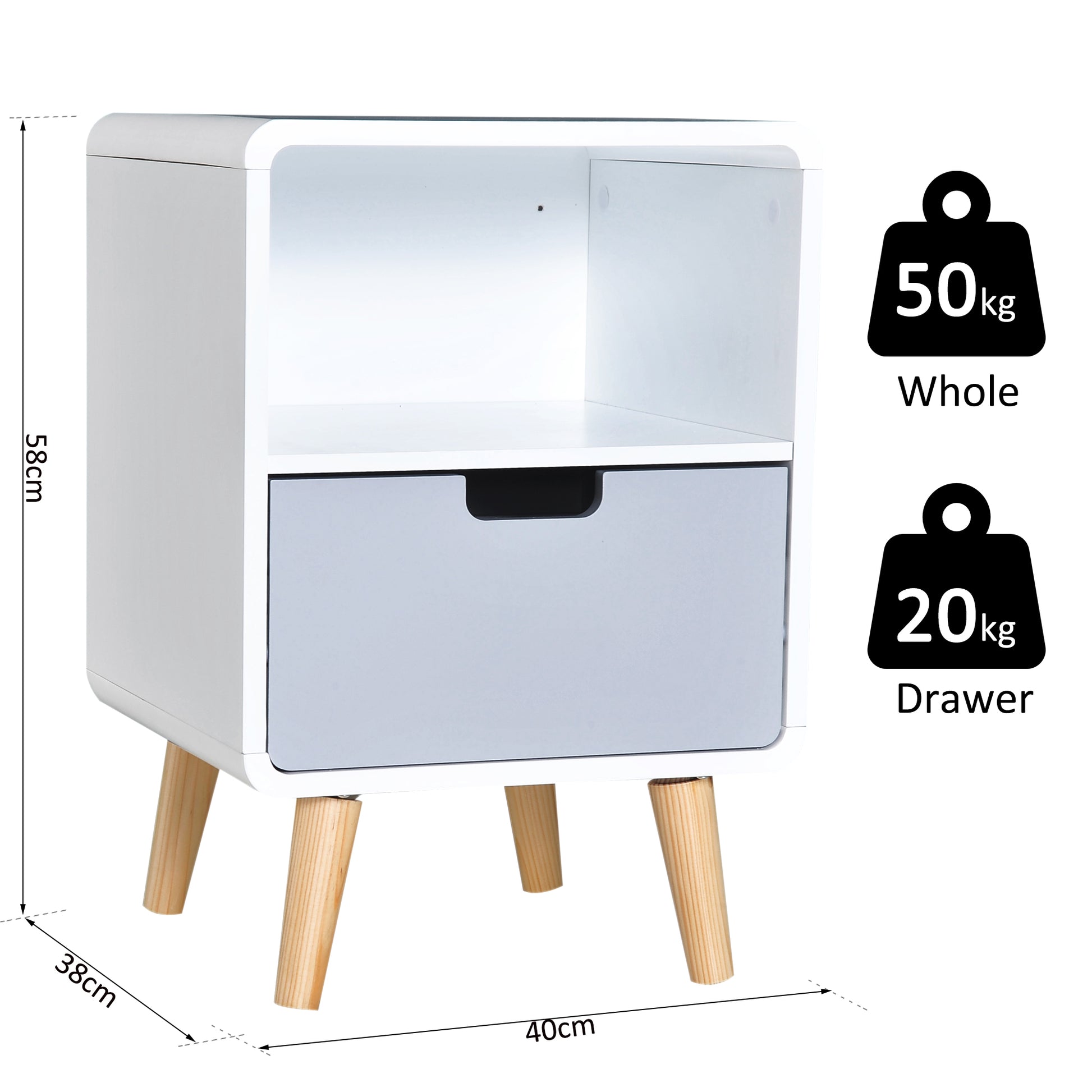 HOMCOM Scandinavian Style Bedside Table, 40Lx38Wx58H cm-White/Grey/Natural Wood Colour