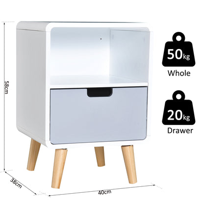 HOMCOM Scandinavian Style Bedside Table, 40Lx38Wx58H cm-White/Grey/Natural Wood Colour