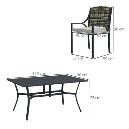 Outsunny Rattan Garden Furniture Set with Cushions, 6 Seater Rattan Dining Set with 6 Armchairs, 150 x 96cm Rectangular Table, Umbrella Hole, for Outdoor, Patio, Balcony, Terrace, Conservatory
