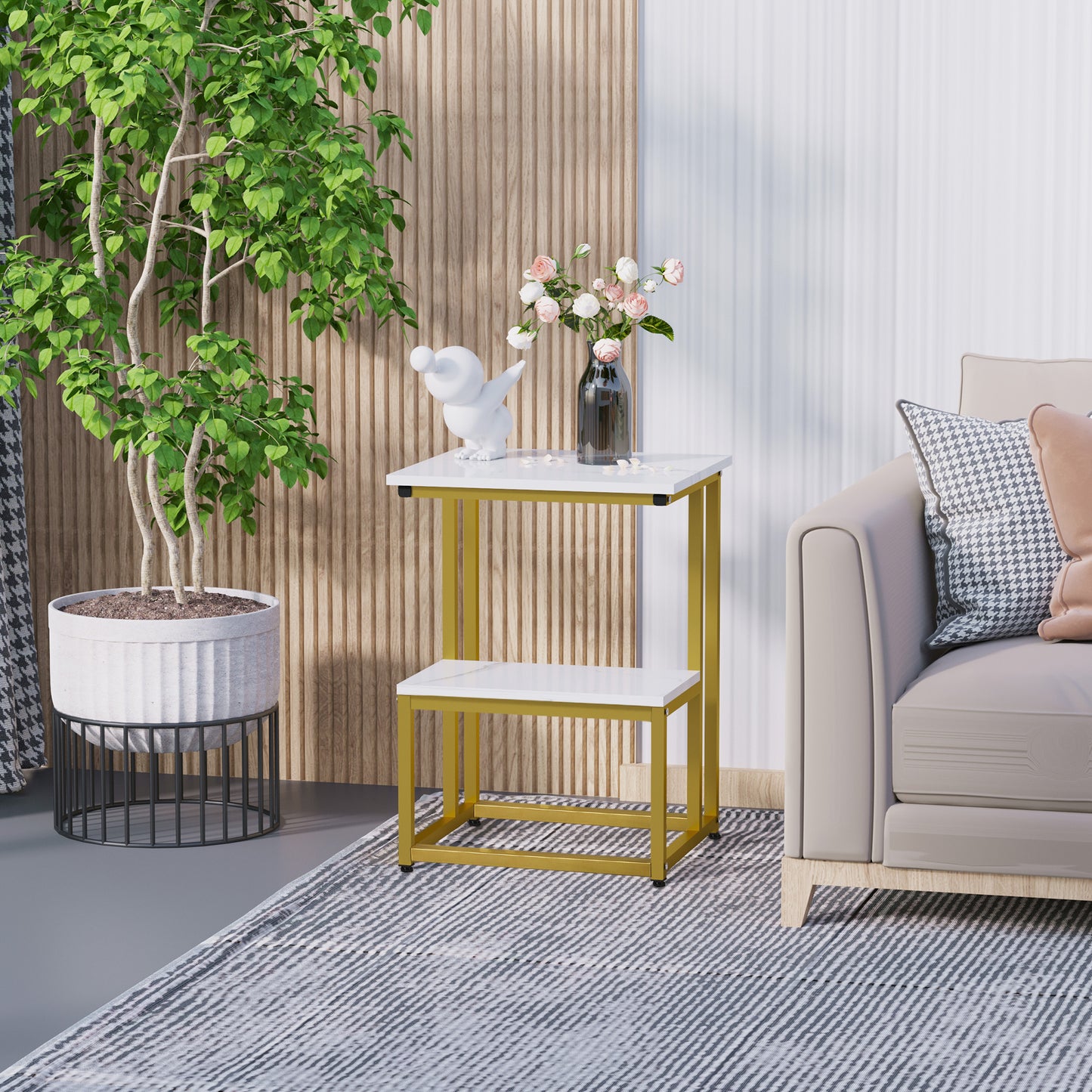 HOMCOM Side Table, Doule Layer End Table, Modern Coffee Table with Steel Frame and Adjustable Non-Slip Feet for Living room, Bedroom, White
