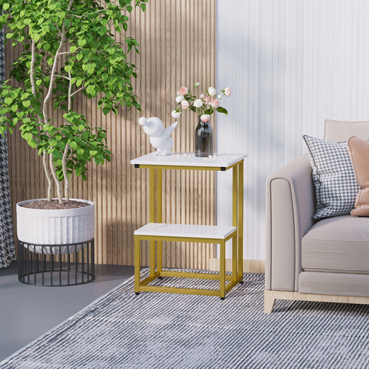 HOMCOM Side Table, Doule Layer End Table, Modern Coffee Table with Steel Frame and Adjustable Non-Slip Feet for Living room, Bedroom, White