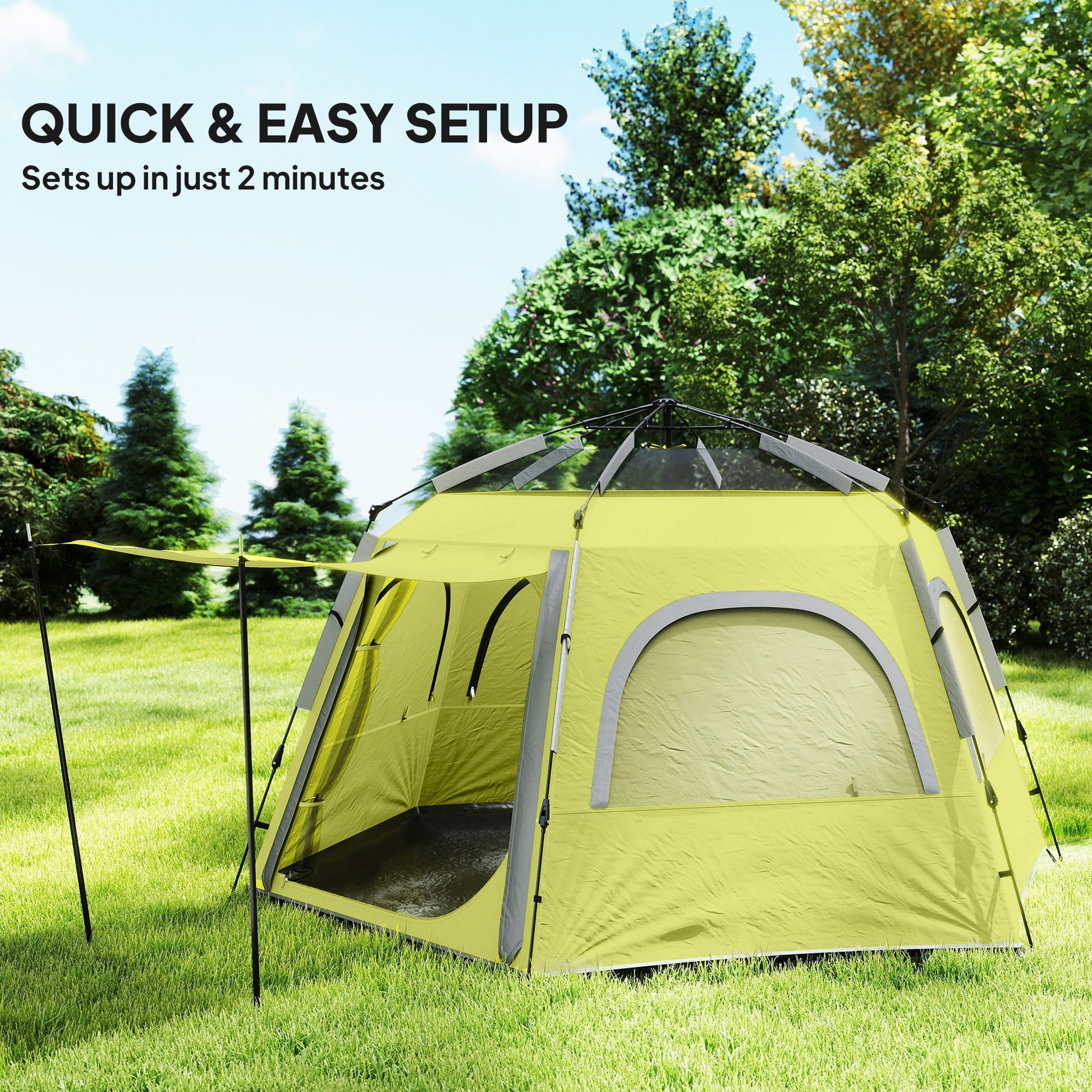 Outsunny Instant Camping Tent, 2/3/4 Person Easy Setup Dome Family Tent with Vestibule, Rainfly, 4 Mesh Windows & 2 Doors, Hexagonal Design, Waterproof & UV Protected, Yellow Green