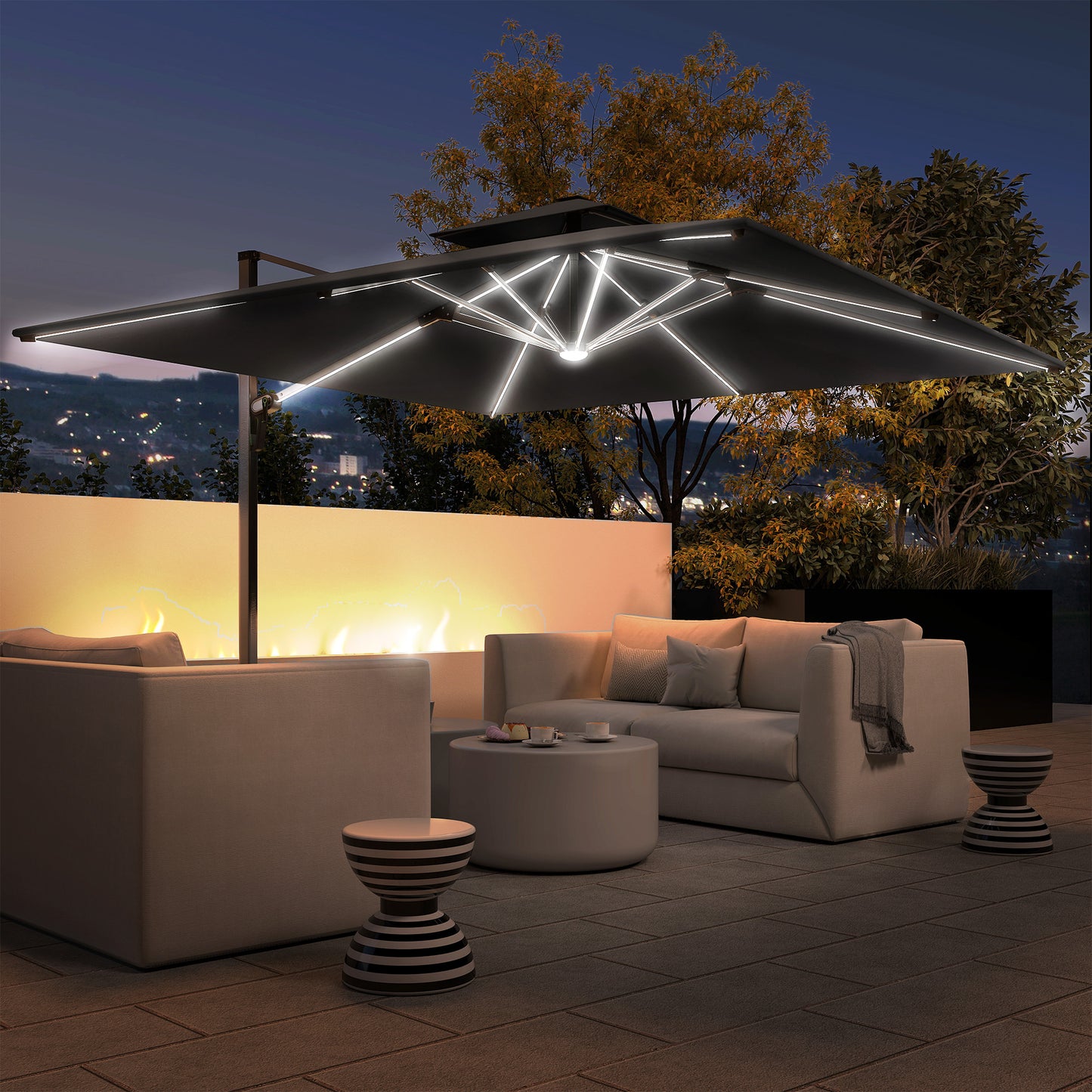 Outsunny 3(m) Garden Cantilever Parasol with Solar LED Lights, Cross Base, 360° Rotation, Crank Handle and Tilt, Grey