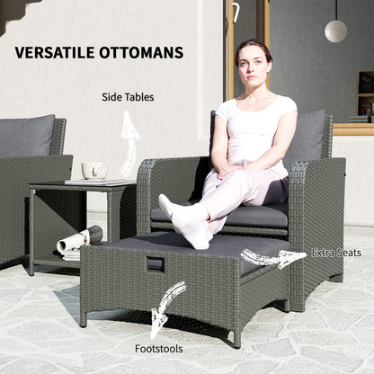 Outsunny Five Piece Rattan Garden Furniture Set with 2-Tier Coffee Table and Ottomans - Grey