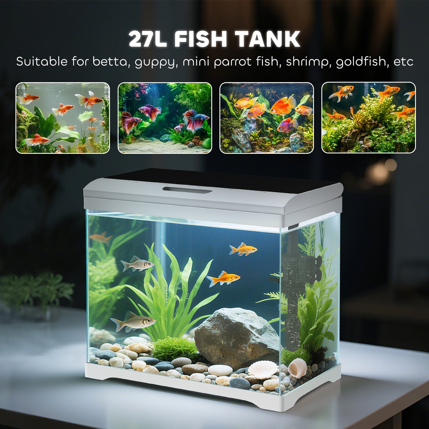 PawHut 27L Glass Fish Tank with Filter System, LED Light, Water Pump, for Betta, Goldfish, Shrimps, White