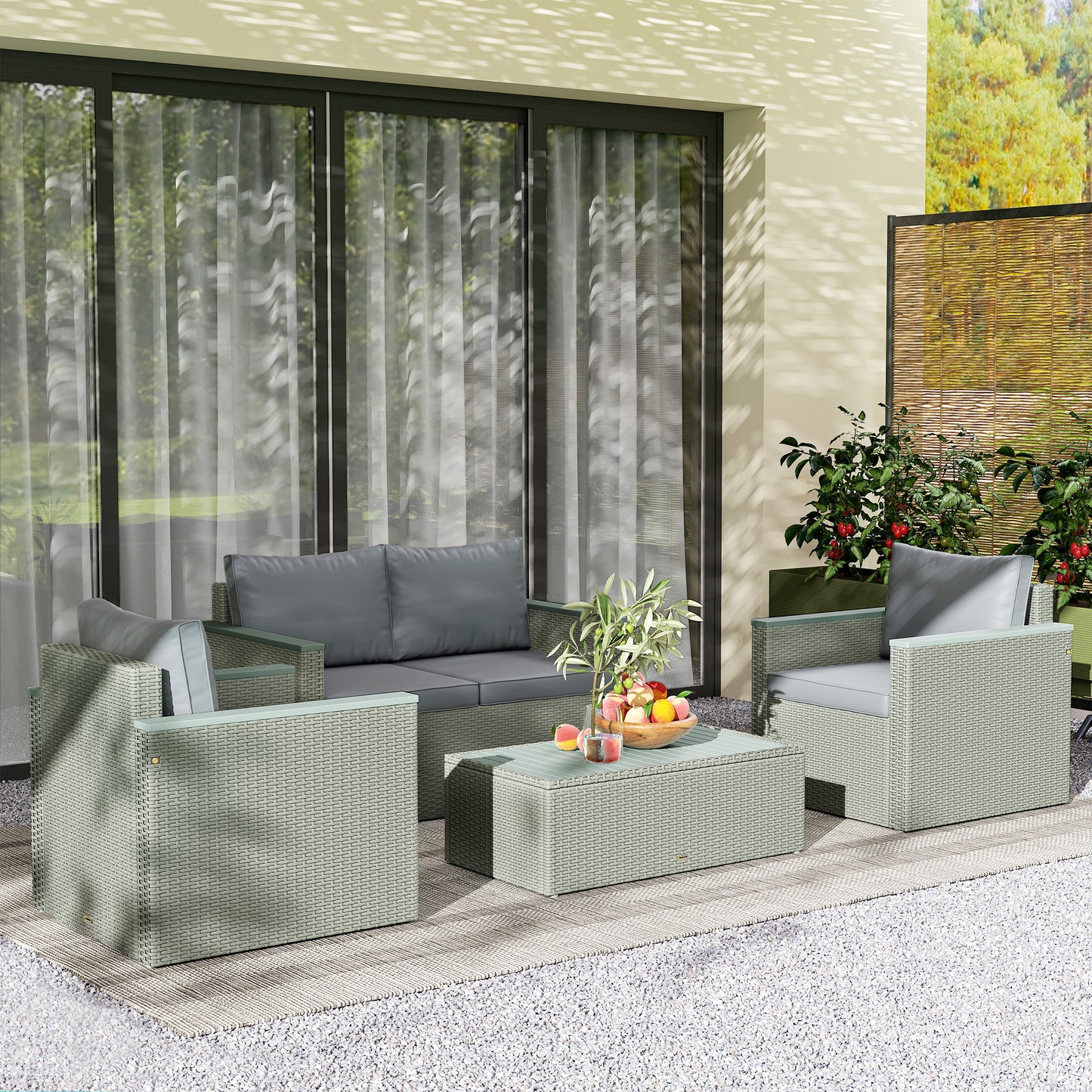 Outsunny 4 Piece Rattan Garden Furniture Set, 4 Seater Wicker Outdoor Sofa Set with 2 Armchairs, Loveseat, Acacia Wood Top Coffee Table, Cushions, Patio Conservatory Set for Balcony, Light Grey