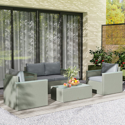 Outsunny 4 Piece Rattan Garden Furniture Set, 4 Seater Wicker Outdoor Sofa Set with 2 Armchairs, Loveseat, Acacia Wood Top Coffee Table, Cushions, Patio Conservatory Set for Balcony, Light Grey