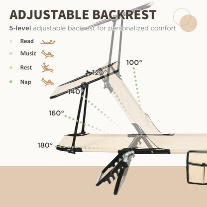 Outsunny 2 Piece Folding Sun Loungers with Canopy, Adjustable Recliner Garden Chairs with Side Pocket, Steel Frame and Breathable Mesh for Outdoor, Pool, Beach, Garden, Tan Brown