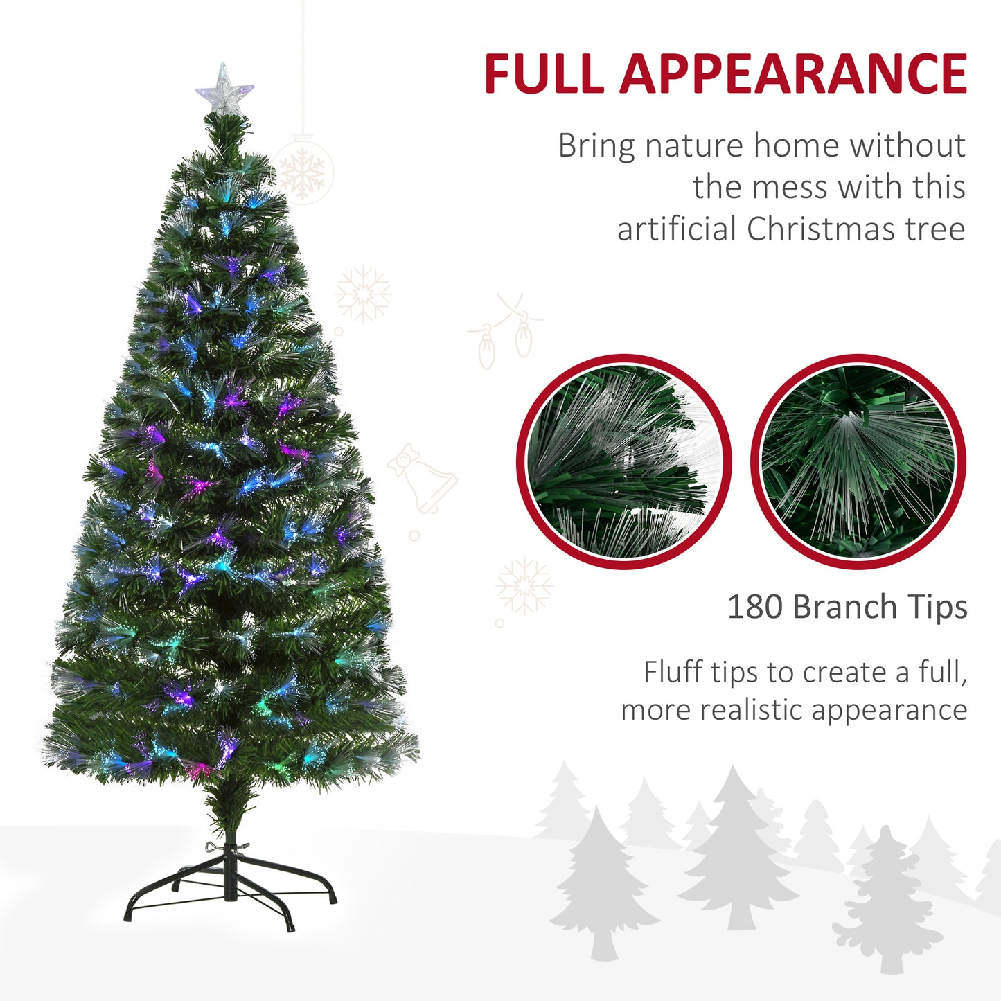 HOMCOM 1.5m Tall Artificial Christmas Tree Fiber Optic Colorful LED Pre-Lit Holiday Home Christmas Decoration with Flash Mode, Green