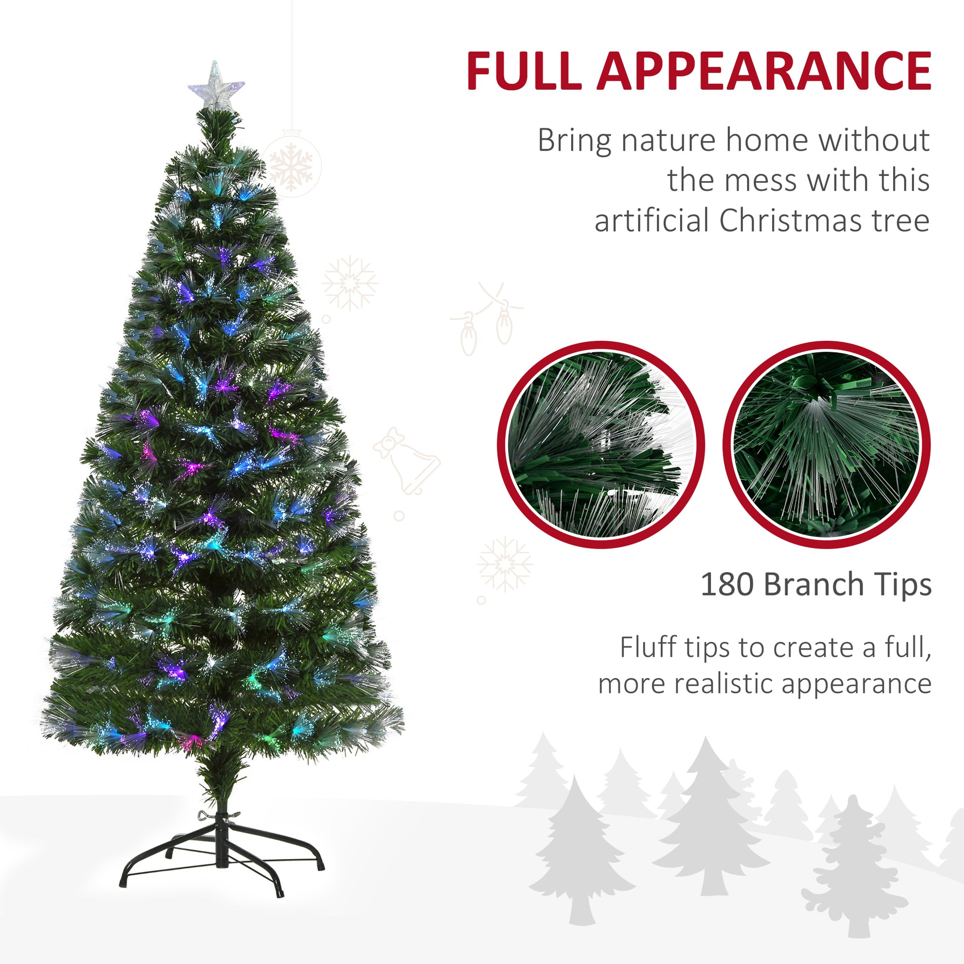HOMCOM 1.5m Tall Artificial Christmas Tree Fiber Optic Colorful LED Pre-Lit Holiday Home Christmas Decoration with Flash Mode, Green