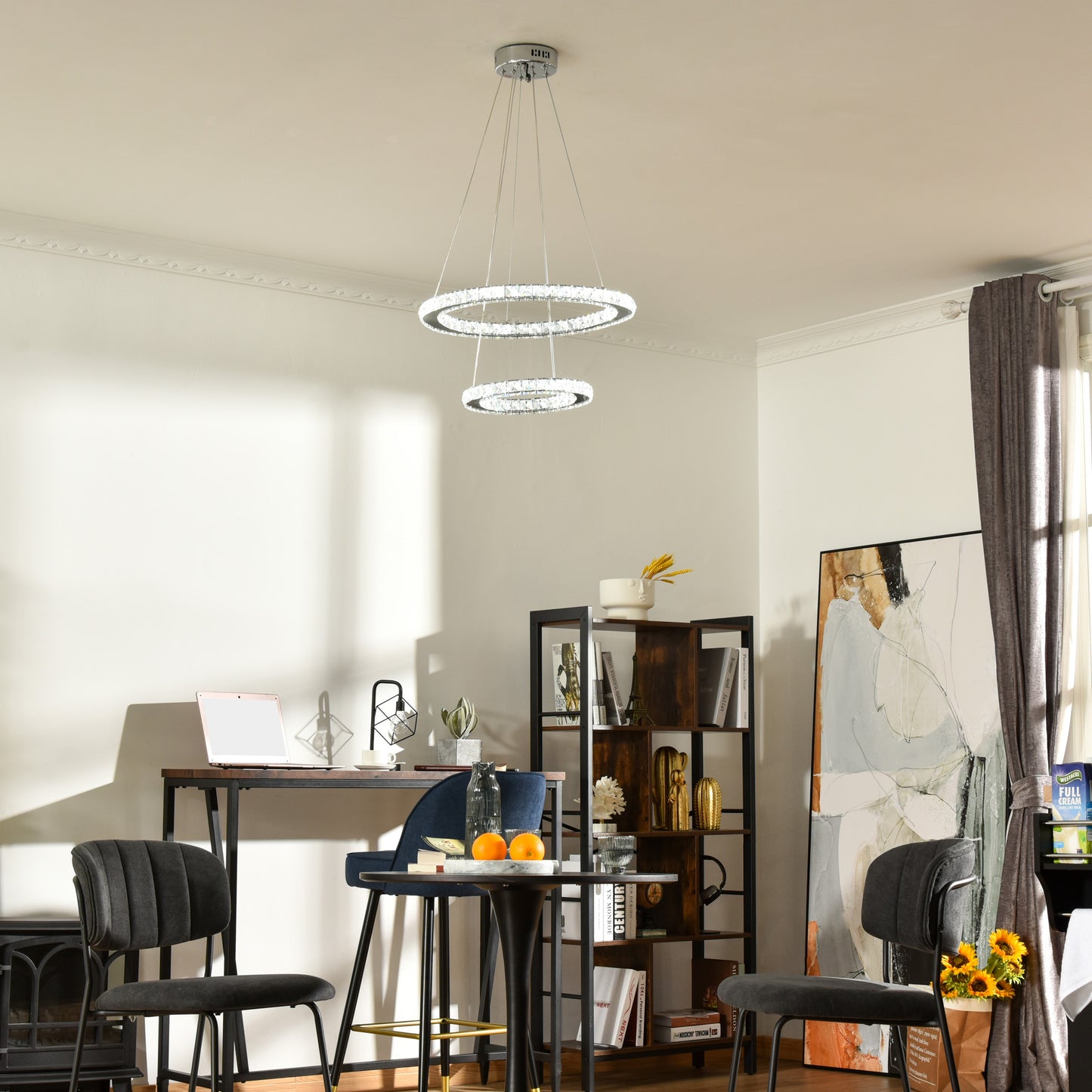 HOMCOM Modern LED Chandelier with 2 Crystal Rings, Dimmable Pendent Ceiling Light Cool Warm White with Adjustable Cable Remote Controller, Silver