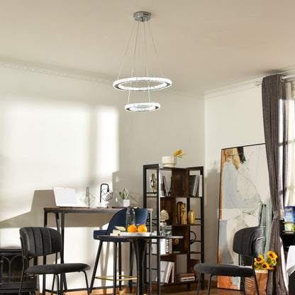 HOMCOM Modern LED Chandelier with 2 Crystal Rings, Dimmable Pendent Ceiling Light Cool Warm White with Adjustable Cable Remote Controller, Silver
